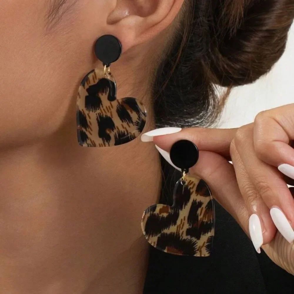 3for$20 1 Pair Acrylic Leopard Print Geometric Heart & Circle Dangle Earrings